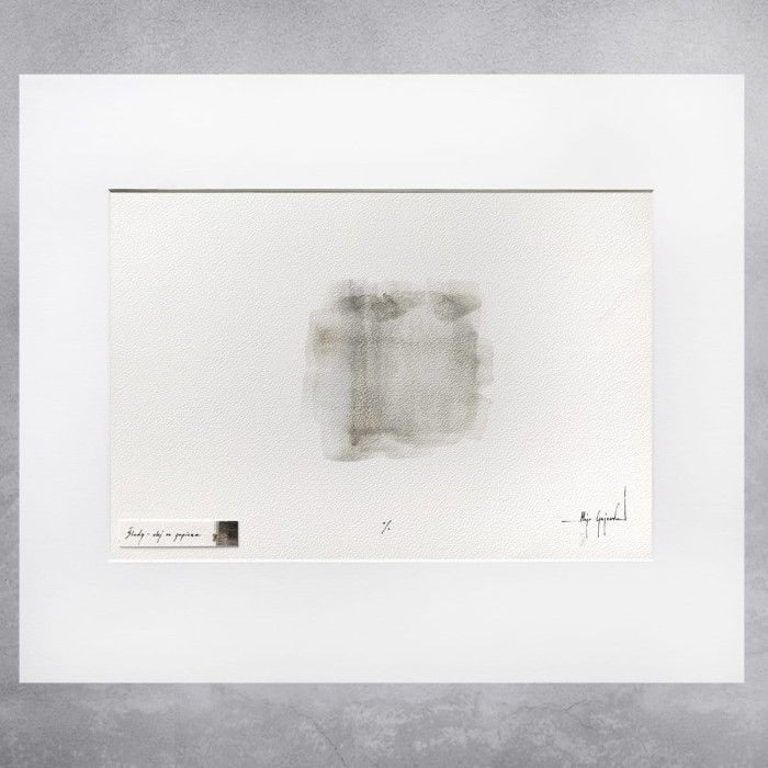 Obraz olejny w sepii na papierze oprawiony w białe passe partout