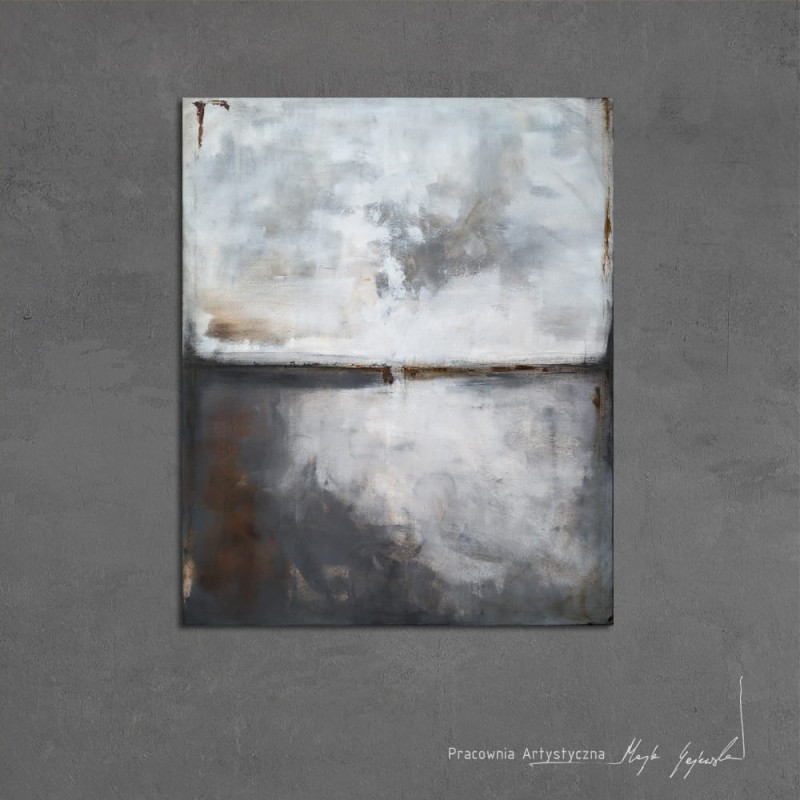 Obraz olejny Grafit i umbra I, format 120x100cm, w stonowanej palecie barw, w której dominują odcienie szarości i bieli, przełamane subtelnymi akcentami ciepłego brązu.