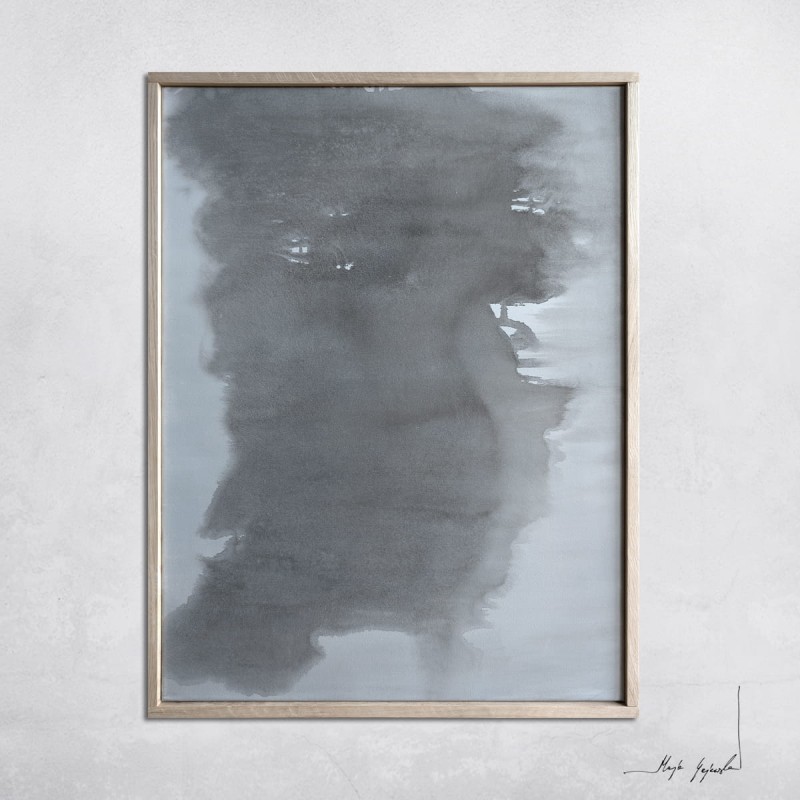 obraz akrylowy Synergia 8, format 80x60cm, oprawiony w dębową ramę, utrzymany w ograniczonej gamie szarości, beżu i czerni