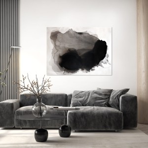 Obraz w formacie 110x150cm, prezentuje organiczną, amorficzną formę zbudowaną z nakładających się warstw sepii oraz grafitowo-czarnego pigmentu rozpływającego się na jasnym tle idealny do salonu lub sypialni