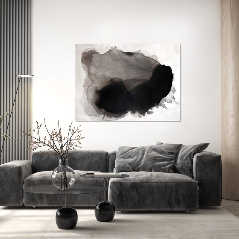 Obraz w formacie 110x150cm, prezentuje organiczną, amorficzną formę zbudowaną z nakładających się warstw sepii oraz grafitowo-czarnego pigmentu rozpływającego się na jasnym tle idealny do salonu lub sypialni