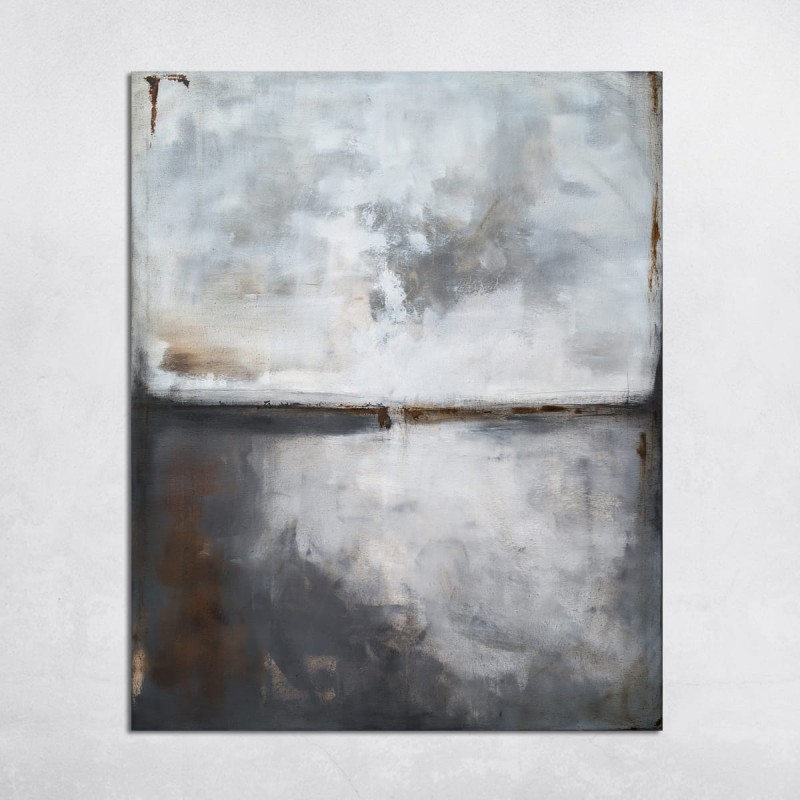 Obraz olejny Grafit i umbra I, format 120x100cm,  utrzymany w stonowanej palecie barw, w której dominują odcienie szarości i bieli, przełamane subtelnymi akcentami ciepłego brązu.