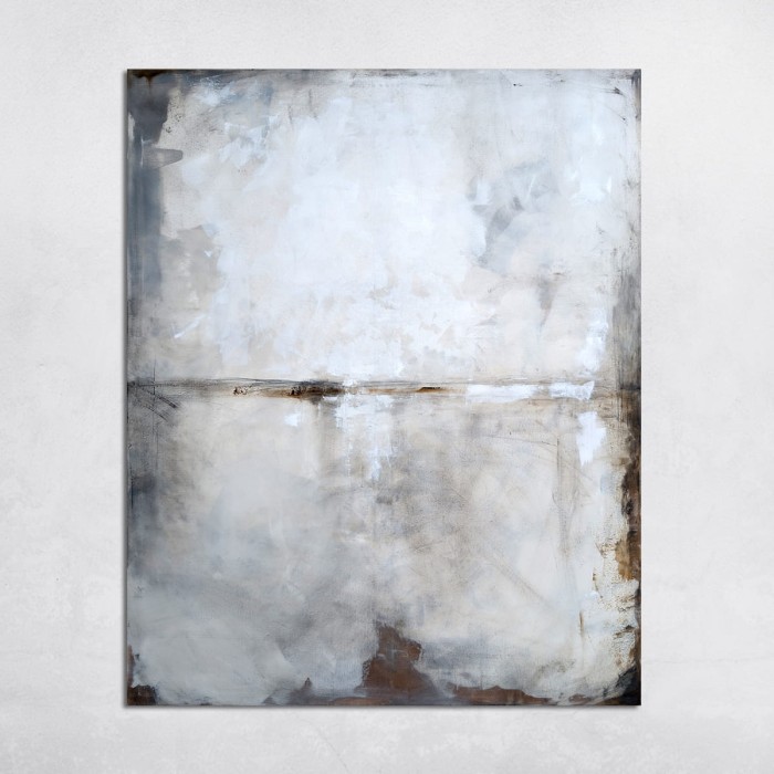 Obraz olejny Biel i beż IV, format 120x100cm, utrzymany w harmonijnej palecie barw ziemi – od chłodnych odcieni szarości i złamanej bieli po subtelne akcenty ciepłego brązu i beżu.