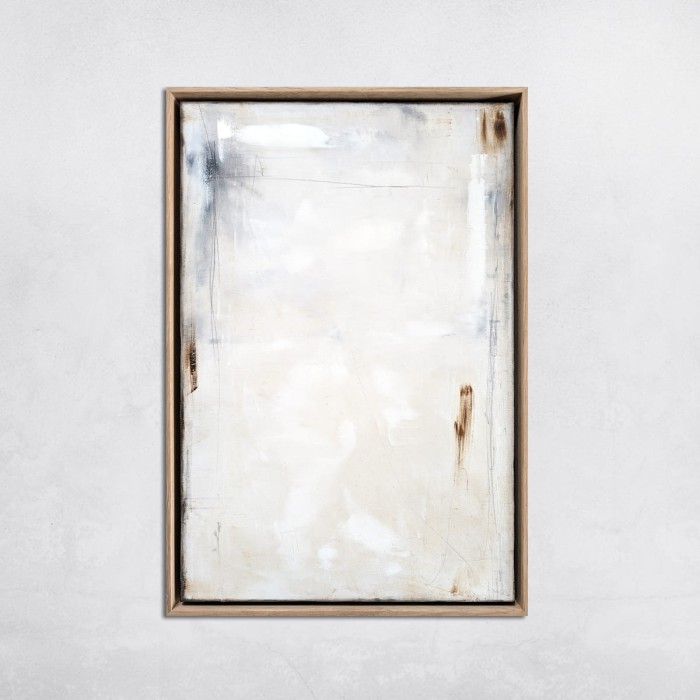 Harmonijny, minimalistyczny obraz olejny Mała sepia III, format 60x40cm,  w bieli i szarościach z akcentami beżu.