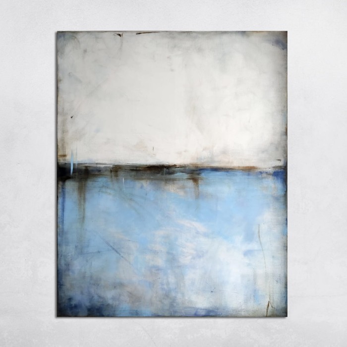 obraz olejny Błękit XIII w neutralnej kolorystyce bieli, błękitu z delikatnym akcentem grafitu i brązu, format 120x100cm