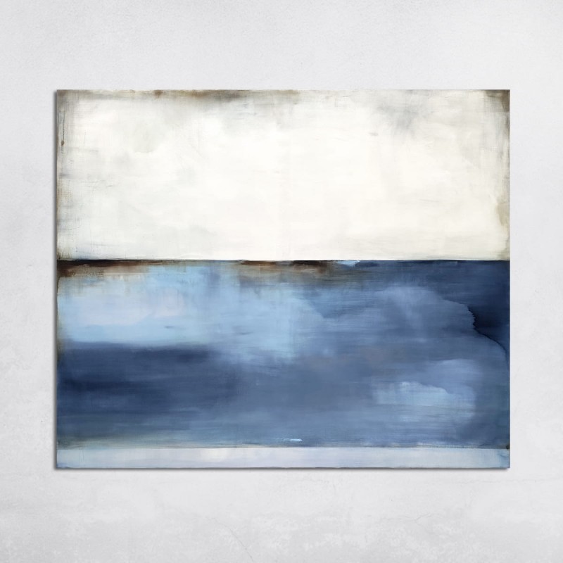 Obraz olejny, format 100x120cm, w którym dominuje biel, gołębi błękit oraz granat.
