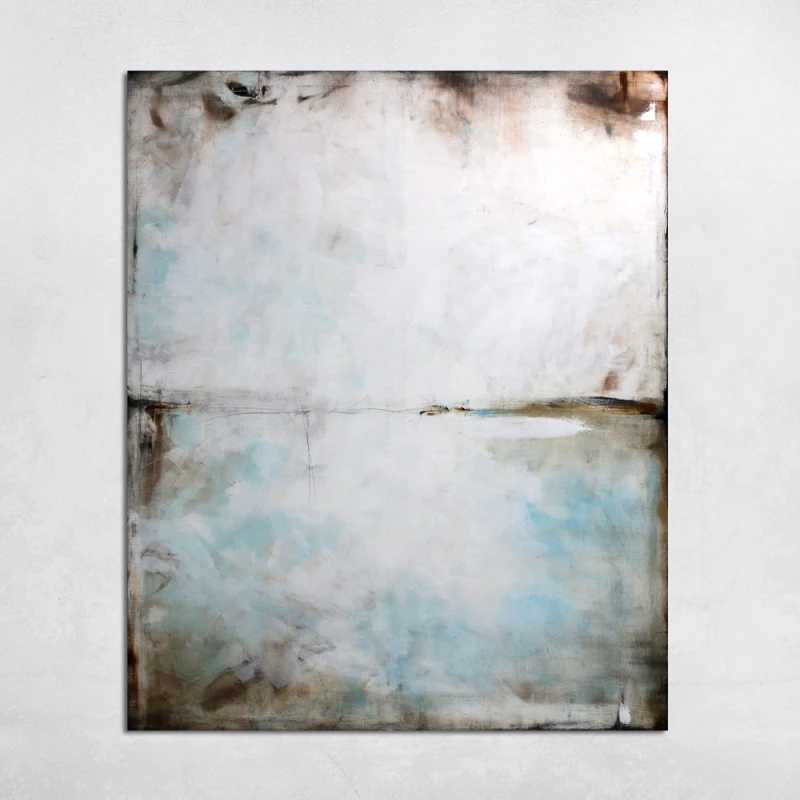 Błękit i sepia I to minimalistyczny obraz, w którym dominuje szarość, biel i delikatne akcenty niebieskiego.