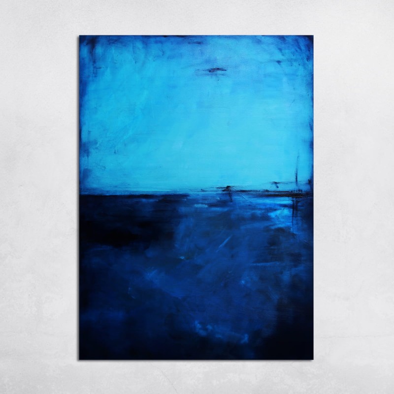 Nowoczesny obraz olejny, w którym wyraźnie dominują kolory błękitu i głębokiego niebieskiego przechodzącego w coraz mocniejsze tonacje, aż do ciemnego granatu.