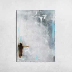 Nowoczesny obraz w neutralnej kolorystyce bieli, szarości z minimalnym akcentem błękitu i dla kontrastu brązu.