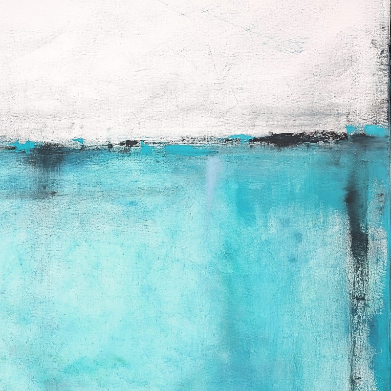 Minimalistyczny obraz olejny w tonacjach bieli i lazuru morskiego w formacie 100x80cm, detal
