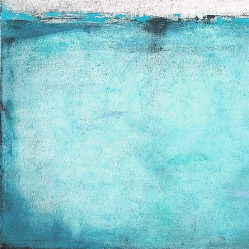 Minimalistyczny obraz olejny w tonacjach bieli i lazuru morskiego w formacie 100x80cm, detal