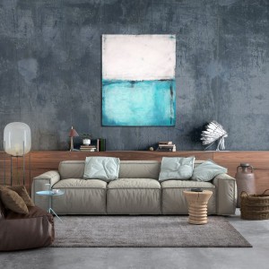 Minimalistyczny obraz olejny w tonacjach bieli i lazuru morskiego w formacie 100x80cm, obraz w salonie