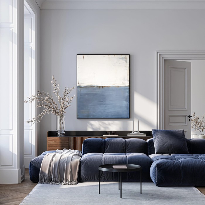 Obraz abstrakcyjny o wyraźnym podziale horyzontalnym budującym skojarzenia z pejzażem i linią horyzontu idealnie pasujący do salonu