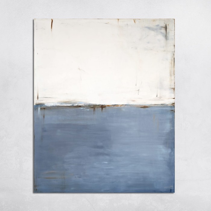 Obraz przedstawia kompozycję abstrakcyjną o wyraźnym podziale horyzontalnym budującym skojarzenia z pejzażem i linią horyzontu.