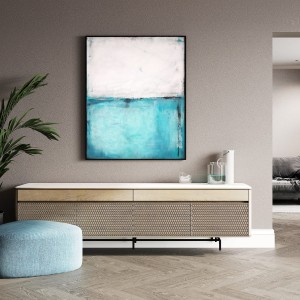 Minimalistyczny obraz olejny w tonacjach bieli i lazuru morskiego w formacie 100x80cm, obraz w salonie