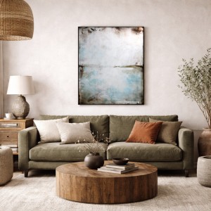 Błękit i sepia I to minimalistyczny obraz, w którym dominuje szarość, biel i delikatne akcenty niebieskiego idealnie pasuje do salonu