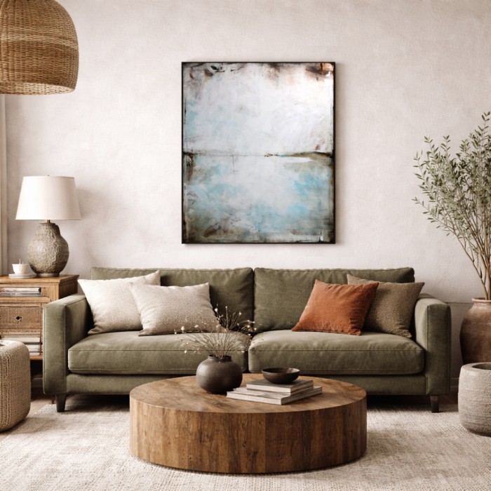 Błękit i sepia I to minimalistyczny obraz, w którym dominuje szarość, biel i delikatne akcenty niebieskiego idealnie pasuje do salonu