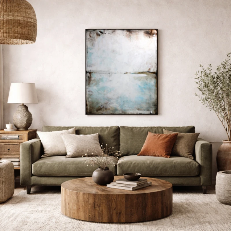 Błękit i sepia I to minimalistyczny obraz, w którym dominuje szarość, biel i delikatne akcenty niebieskiego idealnie pasuje do salonu