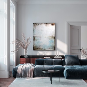 Błękit i sepia I to minimalistyczny obraz, w którym dominuje szarość, biel i delikatne akcenty niebieskiego idealnie pasuje do salonu
