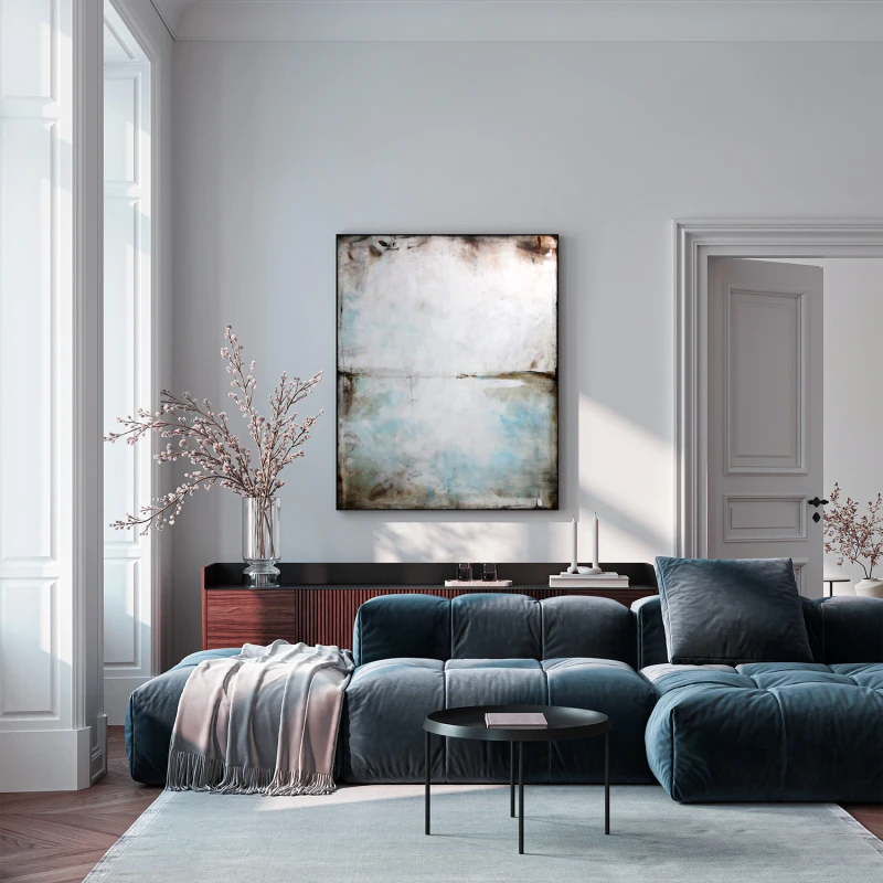 Błękit i sepia I to minimalistyczny obraz, w którym dominuje szarość, biel i delikatne akcenty niebieskiego idealnie pasuje do salonu