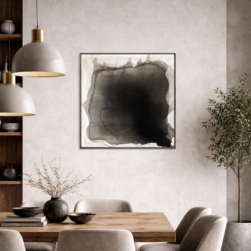 Obraz w formacie 80x80cm w ciemnych tonacjach sepii idealnie komponuje się w salonie z elementami drewna