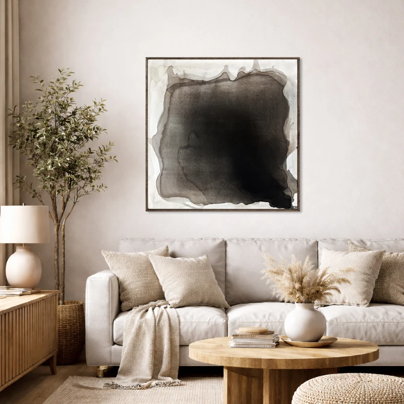 Obraz w formacie 80x80cm w ciemnych tonacjach sepii idealnie komponuje się w salonie z elementami drewna