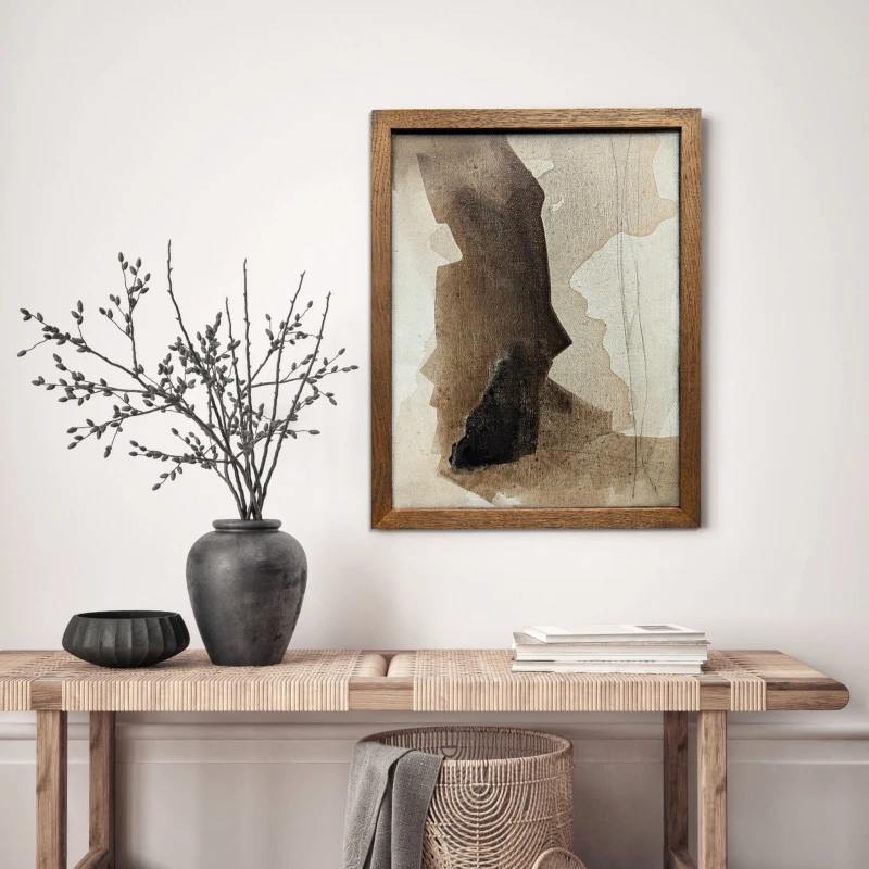 Obraz w formacie 40x30cm oprawiony w dębową ramę z naturalnego drewna doskonale komponuje się w gabinecie