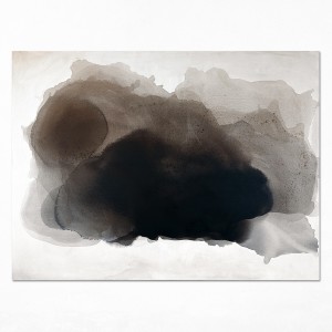 Obraz w formacie 110x150cm, prezentuje organiczną, amorficzną formę zbudowaną z nakładających się warstw sepii oraz grafitowo-czarnego pigmentu rozpływającego się na jasnym tle.
