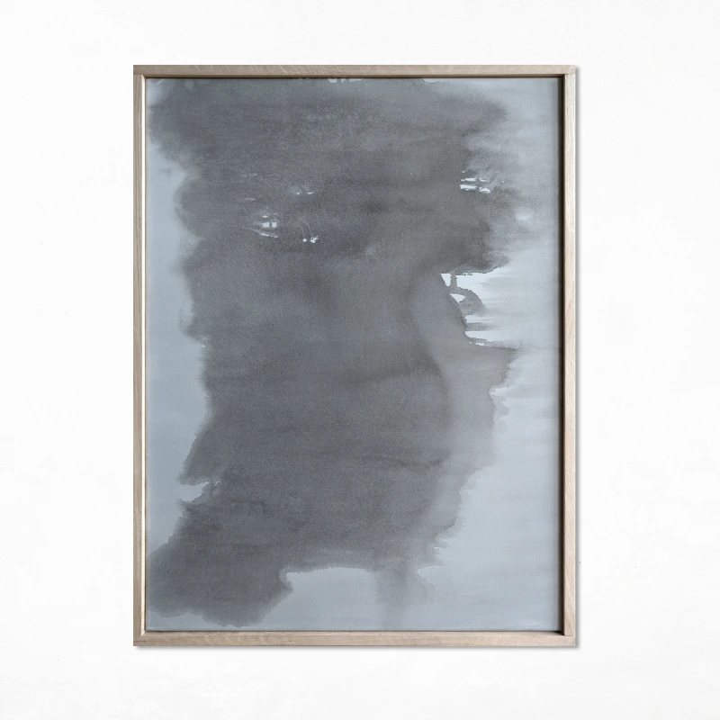 obraz akrylowy Synergia 8, format 80x60cm, oprawiony w dębową ramę, utrzymany w ograniczonej gamie szarości, beżu i czerni