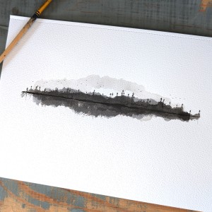 Minimalistyczny obraz akwarelowy przedstawia nastrojowy pejzaż - zbliżenie