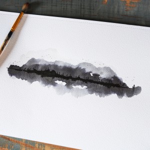 Minimalistyczny obraz akwarelowy przedstawia nastrojowy pejzaż.
