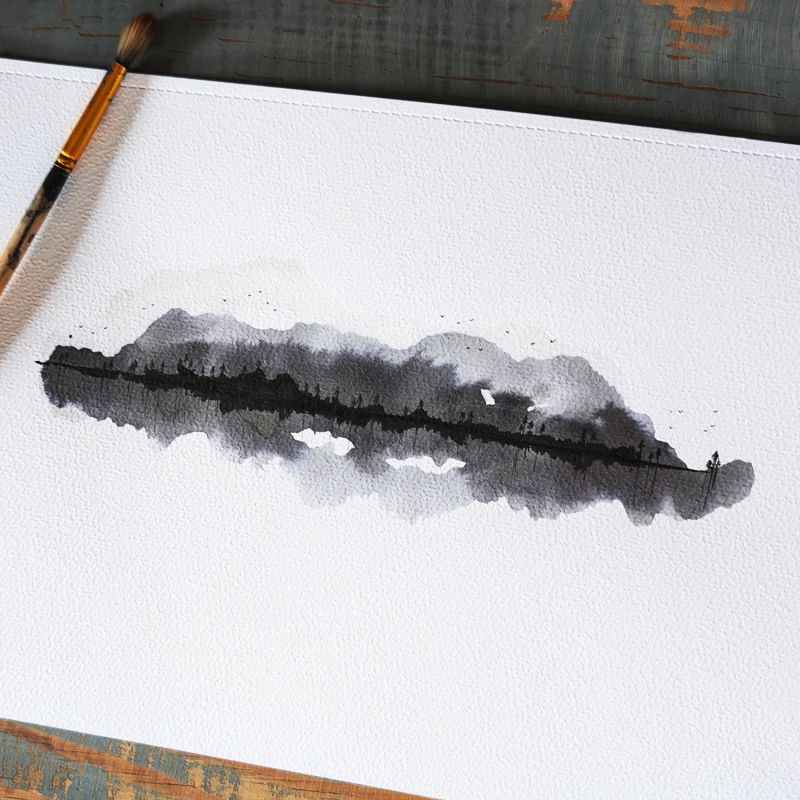 Minimalistyczny obraz akwarelowy przedstawia nastrojowy pejzaż.