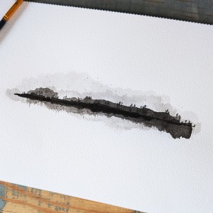 Minimalistyczny obraz akwarelowy przedstawia nastrojowy pejzaż.