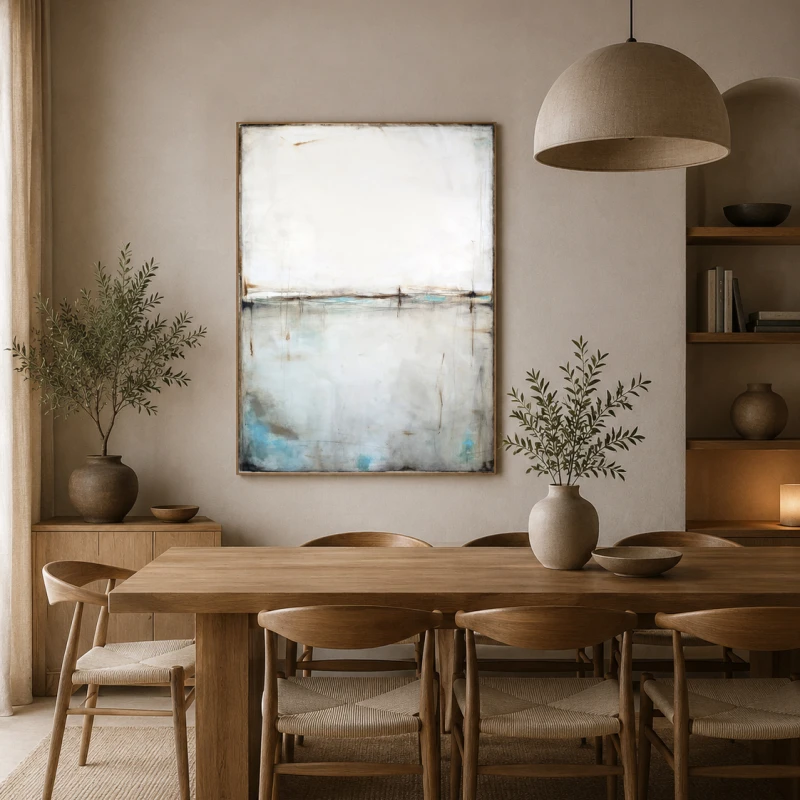 Obraz odnajdzie się w nowoczesnych i minimalistycznych wnętrzach, w stylistyce Japandi, warm minimalism, modern coastal oraz wnętrzach inspirowanych naturą.