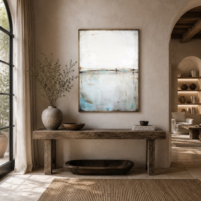 Obraz odnajdzie się w nowoczesnych i minimalistycznych wnętrzach, w stylistyce Japandi, warm minimalism, modern coastal oraz wnętrzach inspirowanych naturą.